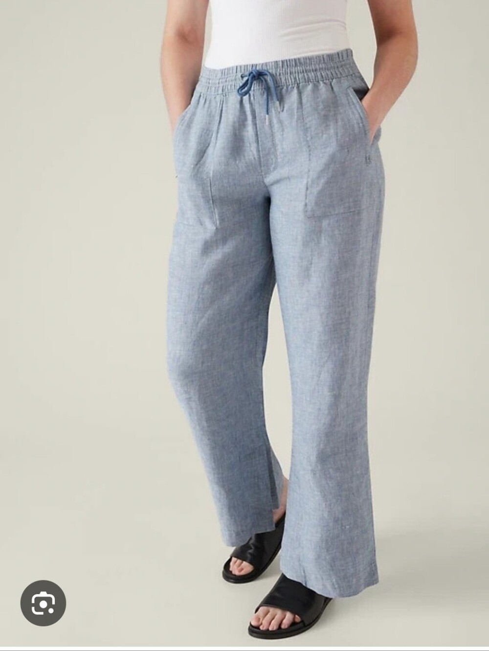 Athleta Women Cabo Wide Leg 100% Linen Pants Drawstring Blue 6 Wardrobe Coastal